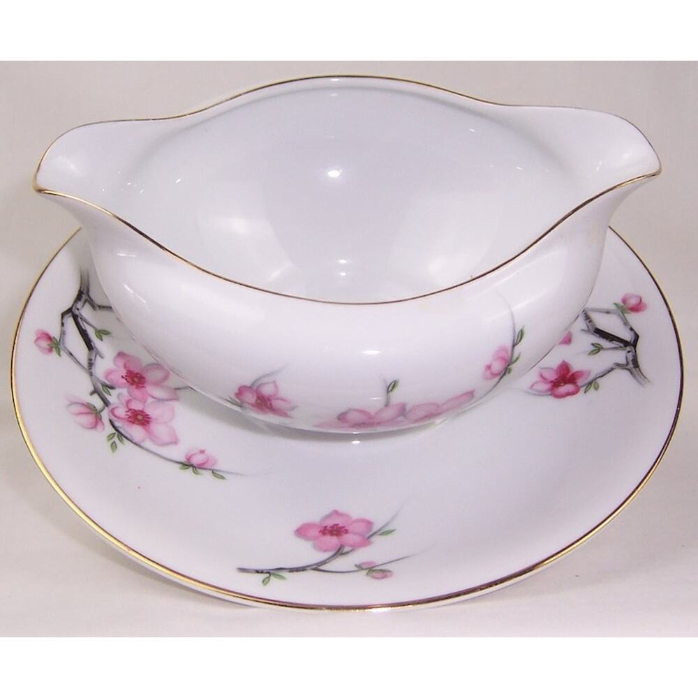 VTG Diamond China Cherry Blossom Gravy Boat Attached Underplate Midcentury - Picture 2 of 4
